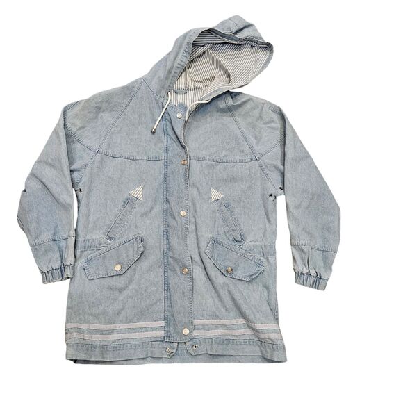 Vtg Stefano Denim Jacket Womens L Blue Chambray Coastal Boho Full Zip Hooded - Picture 1 of 8